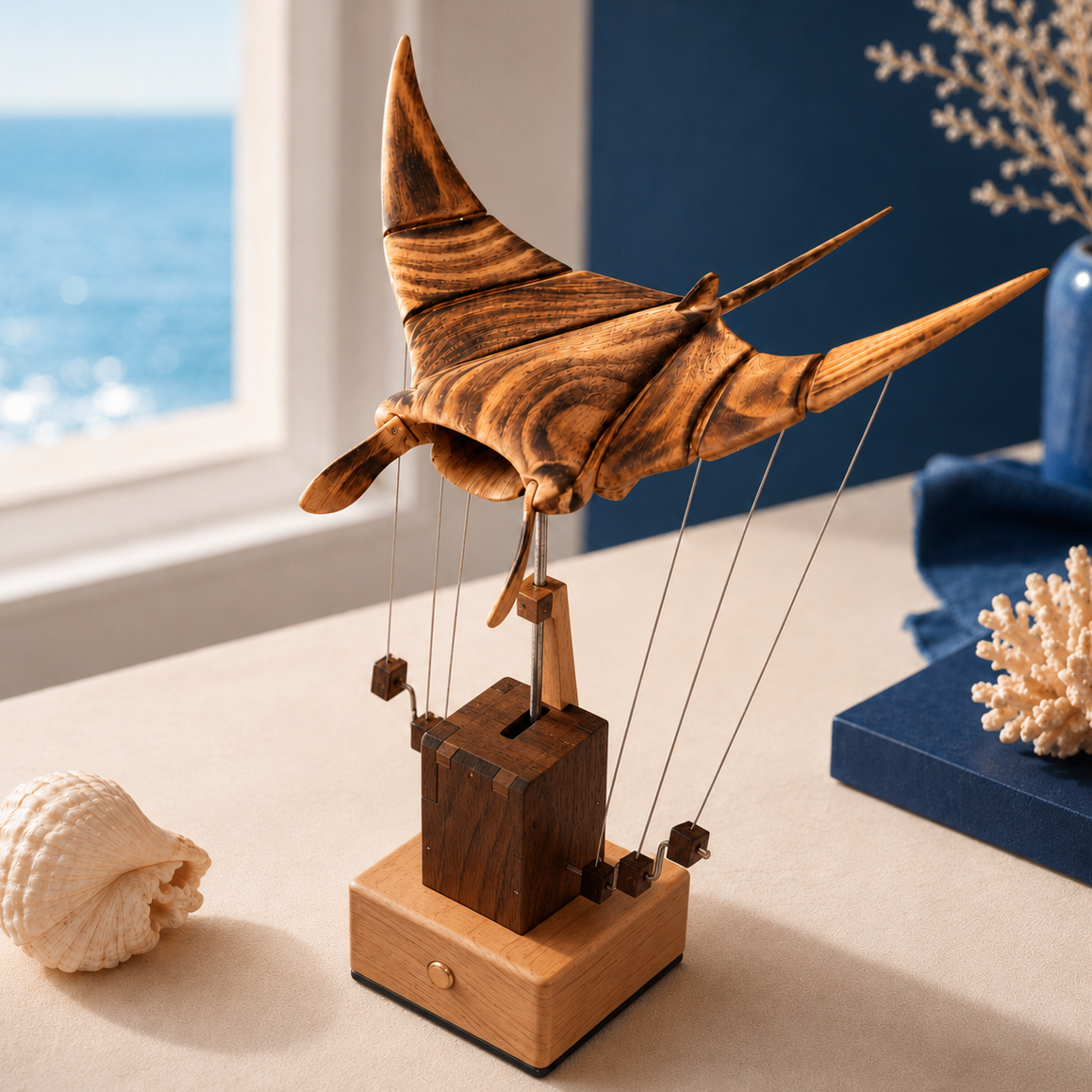 木製 マンタ 飛行模型 Wooden Manta Ray Kinetic Sculpture | Unique Gift & Home Decor